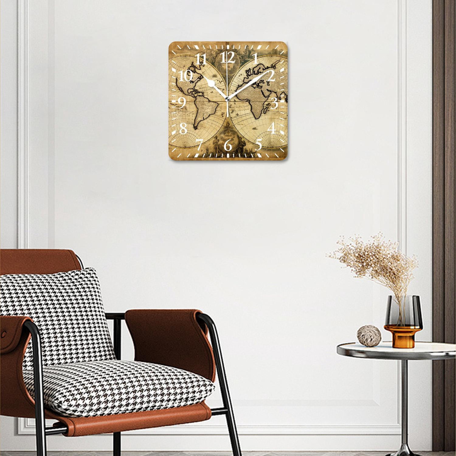 12 Inch Wall Clock Battery Operated Silent Clock Decorative for Office, Kitchen, Outdoor, Living Room，Retro World Map