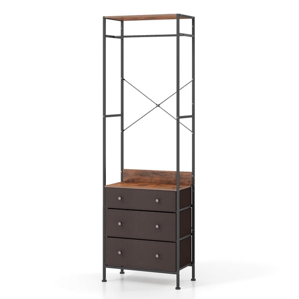 GETHFSA Freestanding Closet Organizer with Shelves & 3-Position Hanging Rod, Metal Clothing Rack with 3 Fabric Drawers, Space-Saving Wardrobe Storage for Bedroom, Entryway, Hallway – Black/Brown