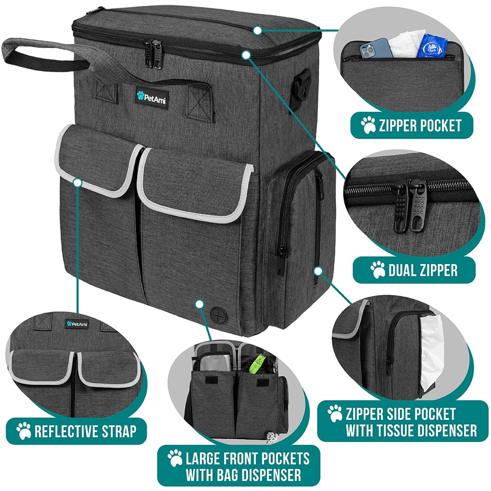 PetAmi Dog Travel Bag Pet Supplies Accessories Organizer For Traveling, Camping, Weekend; Cat Pet Travel Bag Kit includes 2 Food Storage Containers, 2 Collapsible Bowls, 1 Feeding Mat (Dark Gray)