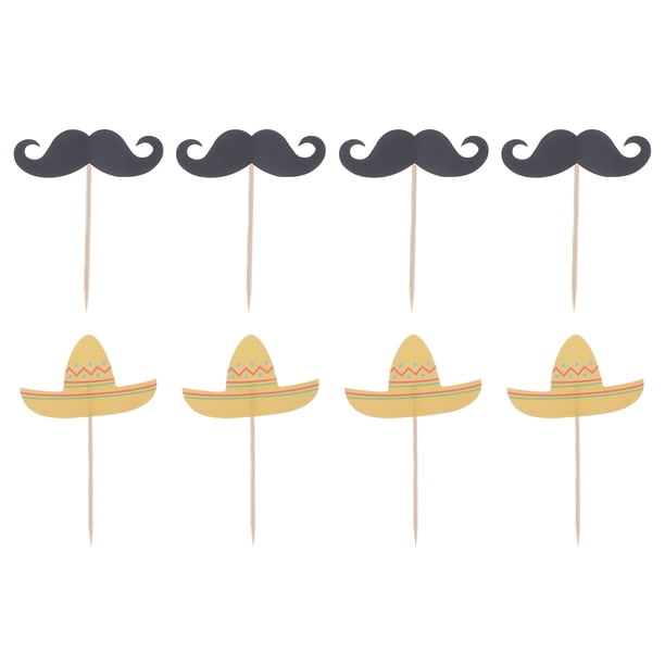 24 piezas de adornos para tartas de carnaval mexicano con bigote y sombrero, para fiestas de cumpleaños de bebés, decoración de mesa de postres con palillos de fruta