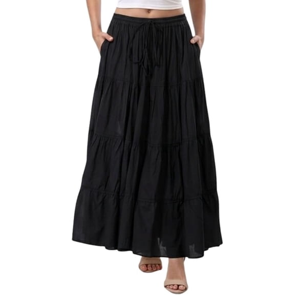 Sunzeyvora Women’s 100% Cotton Tiered Maxi Skirt with Pockets & Drawstring Waist