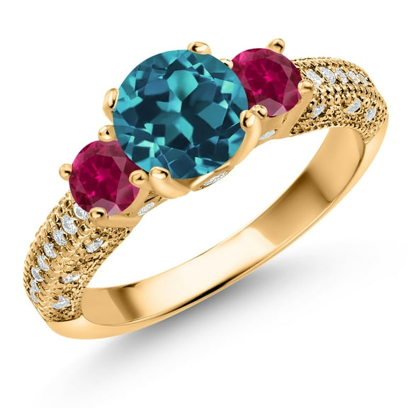 Gem Stone King 18K Yellow Gold Plated Silver London Blue Topaz Red Created Ruby and White Moissanite Engagement Ring for Women (2.28 Cttw, Gemstone November Birthstone, Round 7MM and 4MM, Size 6)