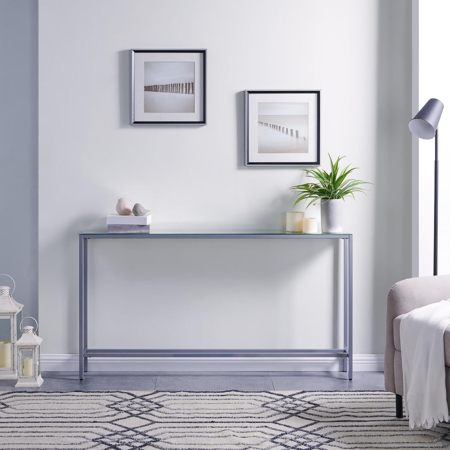 SEI Engra Narrow Long Console Table w/ Mirrored Top Silver