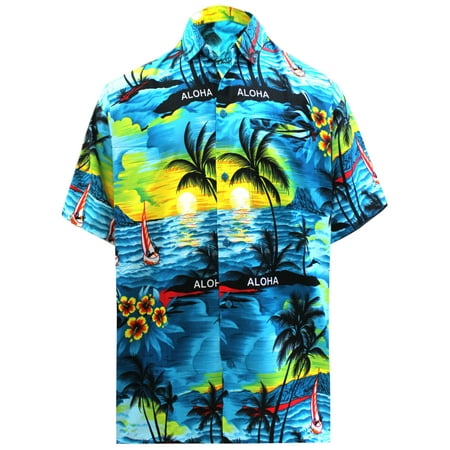 - Hawaiian Shirt Mens Beach Aloha Camp Party Holiday Button Down Pocket Scenic Print C