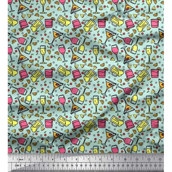 Soimoi Polyester Crepe Fabric Wine & Beer Beverages Printed Fabric 1 Yard 52 Inch Wide