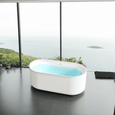 67" Acrylic Freestanding Bathtub-Acrylic Soaking Tubs, Fluted style-Gloss White Freestanding Bathtub With Integrated Slotted Overflow and Brushed Nickel Toe-tap Drain