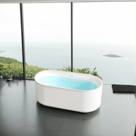 67" Acrylic Freestanding Bathtub-Acrylic Soaking Tubs, Fluted style-Gloss White Freestanding Bathtub With Integrated Slotted Overflow and Brushed Nickel Toe-tap Drain