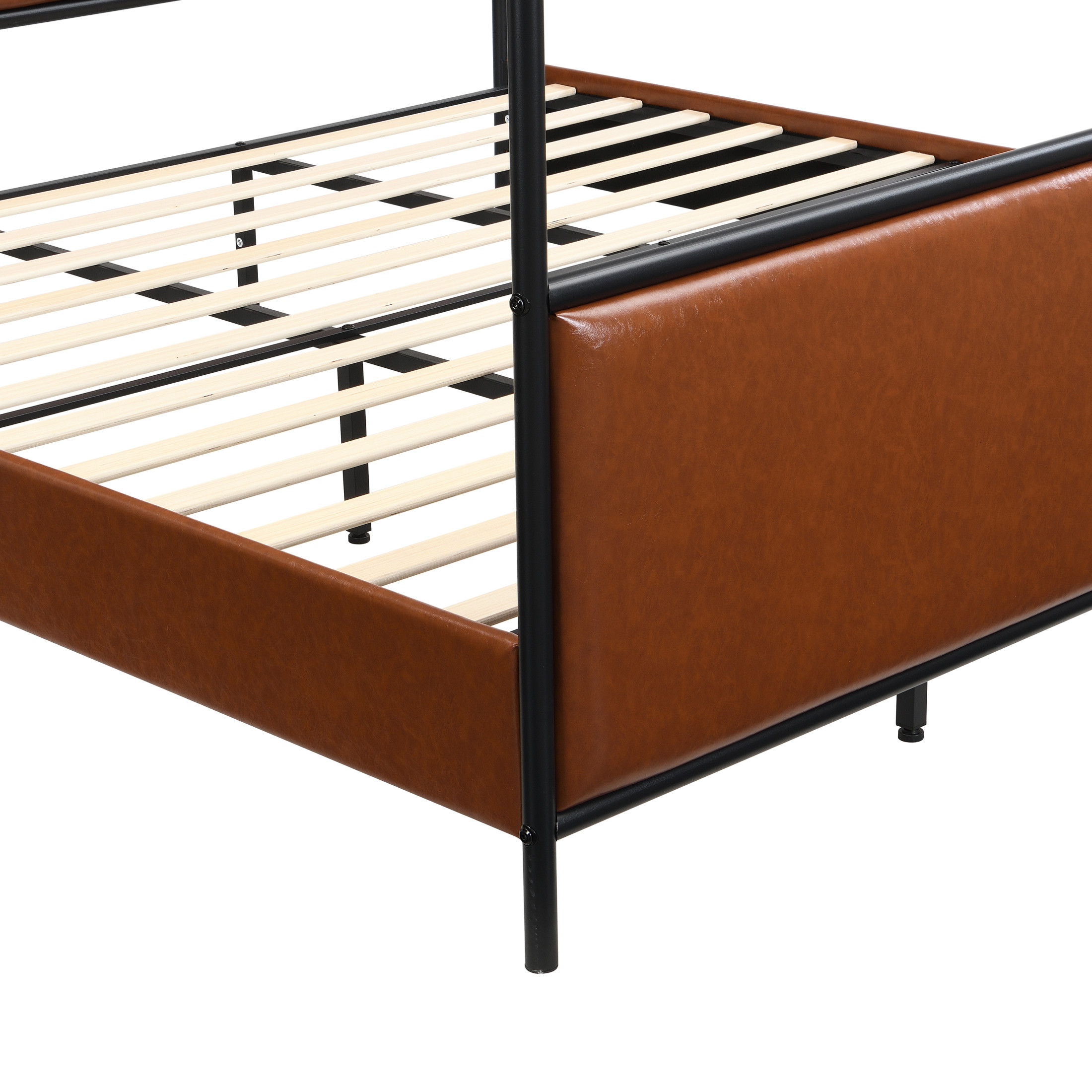 Christopher Knight Home King Size Canopy Bed Frame with PU Upholstered Headboard, Iron Frame, Brown+Black
