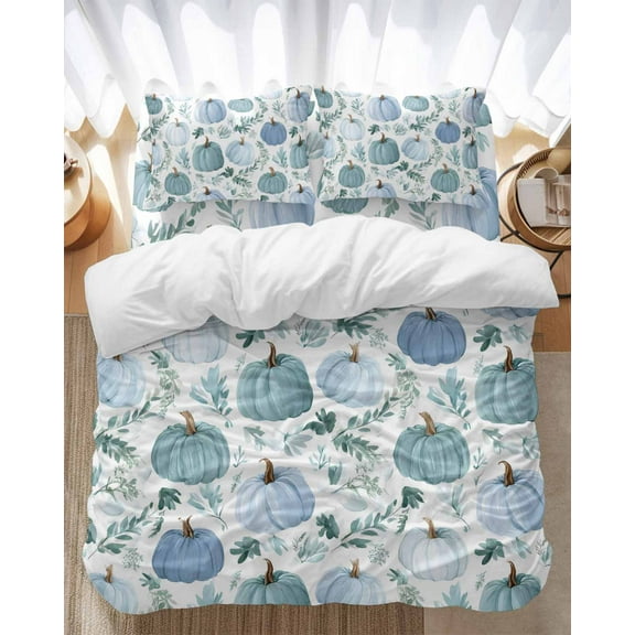 Teal Blue Pumpkin Bedding Duvet Cover Set Full Size 4 Pieces Fall Green Leaves Botanical Thanksgiving Bedding Set with Zipper Closure, 1 Comforter Cover 86x86 Inches 1 Flat Sheet & 2 Pillow Cases