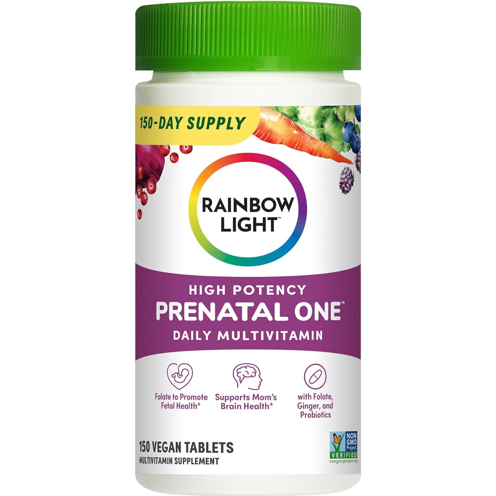 Prenatal One Multivitamin with Folate, Ginger and Probiotics | 150 Vegan Caplets | by Rainbow Light