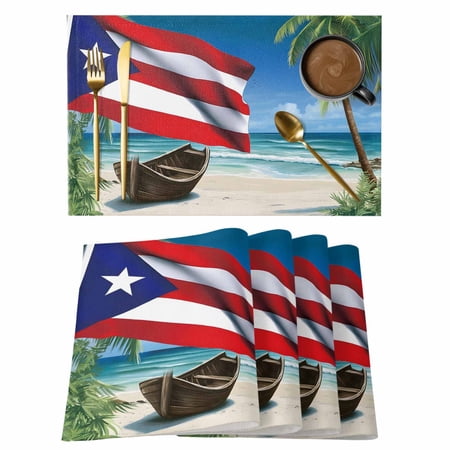 Puerto Rico Flag Sea Placemats Set of 6, Cotton Linen Fabric Place Mats, Beach Palm Trees Boat Nautical Washable Decorative Table Mats Protector for Home Kitchen Dining Wedding Party Coffee Tables