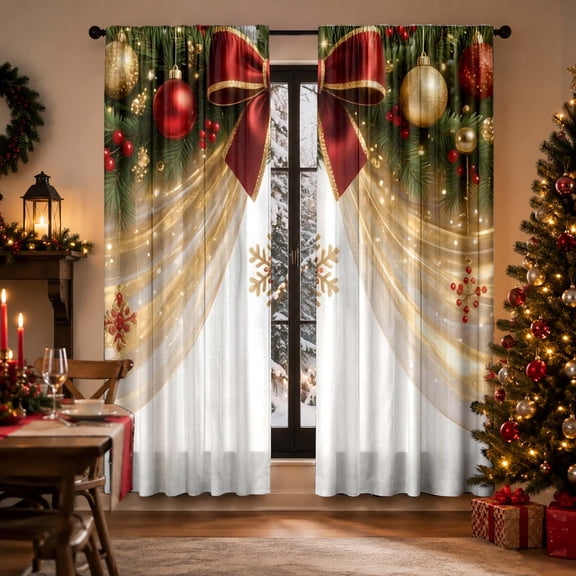 2Pcs Christmas Sheer Curtains Winter Holiday Printed Window Curtain Rod Pocket Light Filtering Curtain Panels For Living Room Bedroom(Gold-29.53"×65.35")