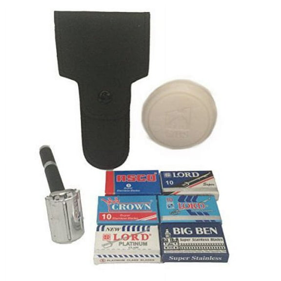 GBS Black Rubber Handle Butterfly Razor with Free blade pack - Sampler includes Leather case and Ocean Driftwood Soap