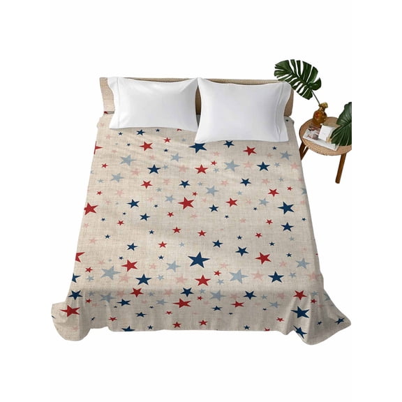 Queen Size Flat Sheet Only, Independence Five-pointed Star Shining Soft Brushed Microfiber Bed Sheets, Linen Burlap American Flag Day Hotel Quality Breathable Bedding Top Sheet, Easy Care, 90"x102"