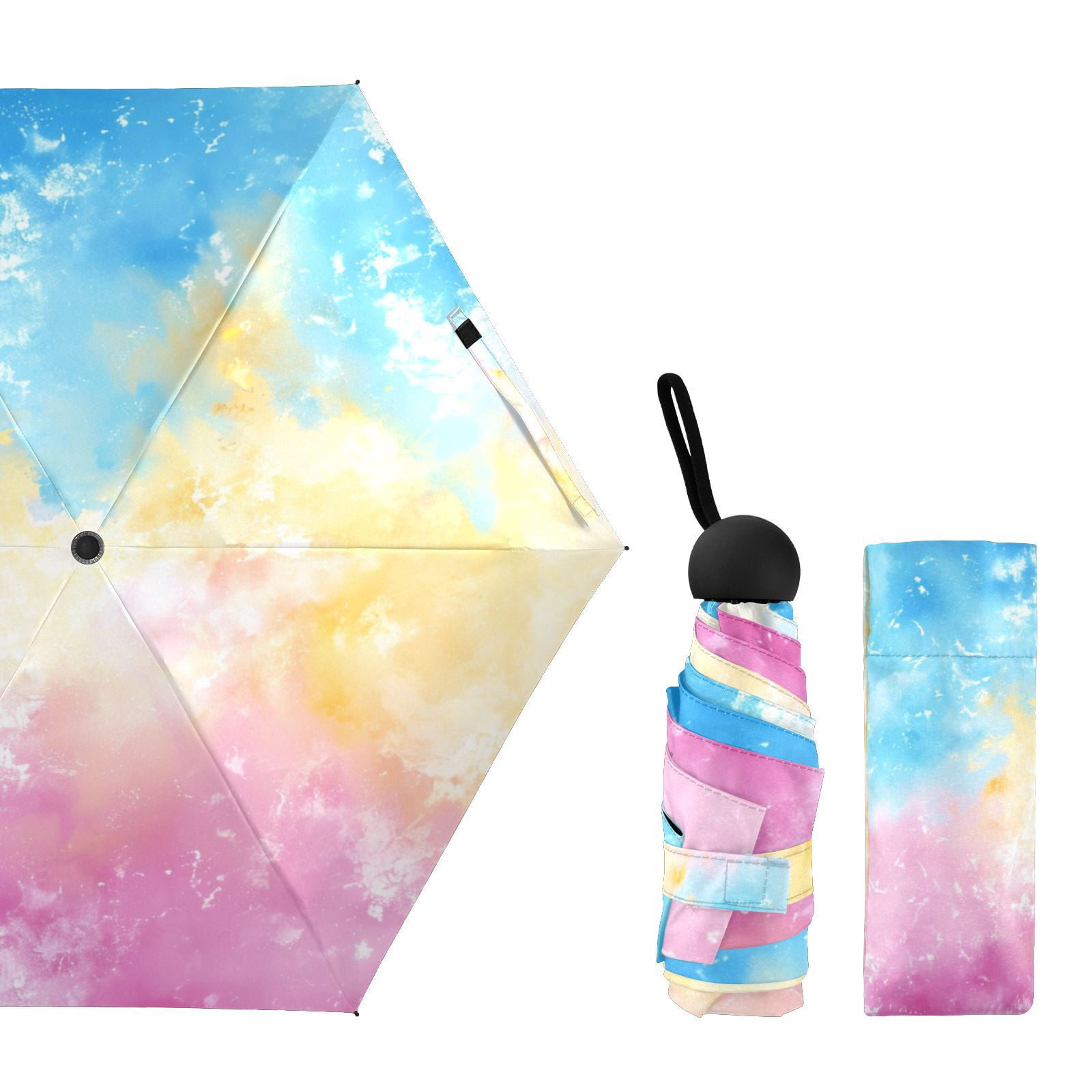 JSTEL Tie Dye Rainbow Color Folding Umbrella for Rain Sun Travel Mini Lightweight Compact Umbrellas