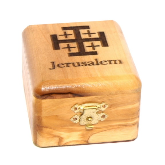Olive wood Rosary Box with Jerusalem Cross and word Jerusalem engraved - OliveWood