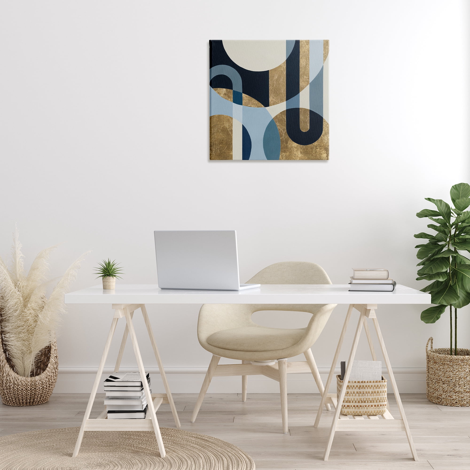 Stupell Industries Gold & Blue Circular Shapes Abstract Painting Gallery Wrapped Canvas Art Print Wall Art, 24 x 24