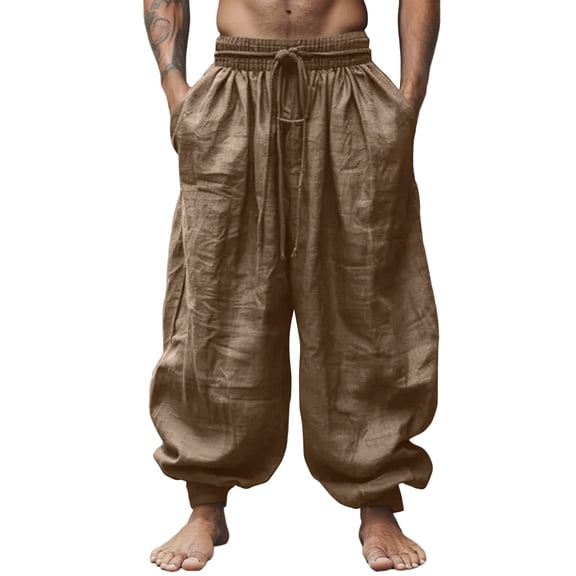 PIMSSY Men Pants Linen Pants Summer Pants Loose Pants Drawstring Elastic Waist Wide Leg Plain Grain Comfortable Full Length Outdoor Yoga Fitness Fashion Pants Male Holiday Solid Color Slacks