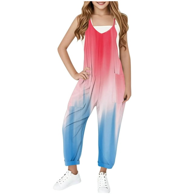 MKOSPLRT Girl's Jumpsuits Casual V Neck Spaghetti Strap Jumpers Trendy Color Block Harem Long Overalls Loose Fit Jumpsuits with Pocket