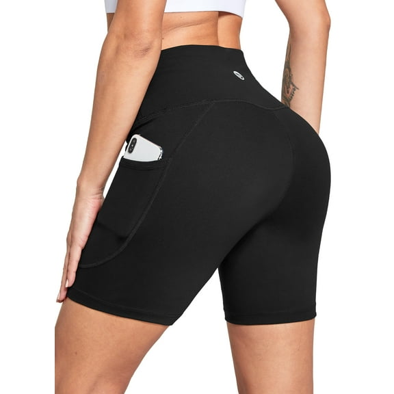 BALEAF Women's 6" High Waisted Biker Shorts Gym Workout Yoga Running Athletic Spandex Shorts with Pockets Black L