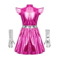 thumbnail image 4 of vastwit Kids Girls Alien Outfit Metallic Cap Sleeves Mock Neck Robot Mini Dress with Gloves 2Pcs Set Rose Red 16, 4 of 5