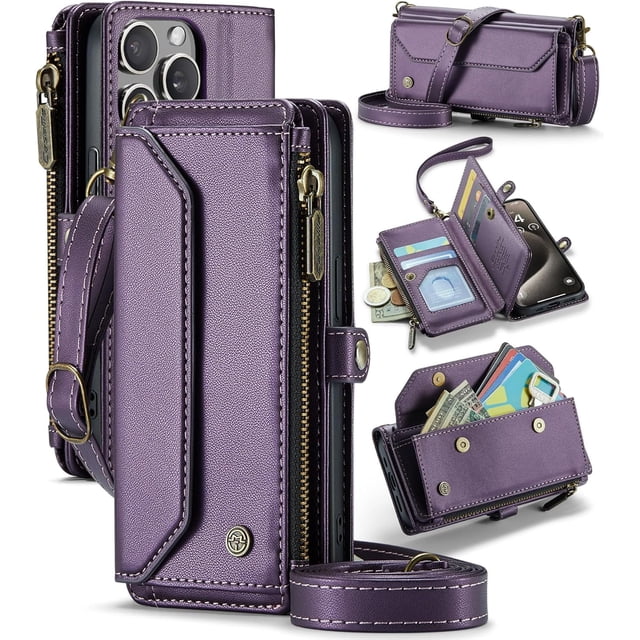 funda para iPhone 15 Pro, Funda para teléfono tipo Billetera Cruzada con Soporte de Bloqueo RFID, Ranuras para Tarjetas de Carga Inalámbrica Anticaídas, Bandolera de Cuero PU