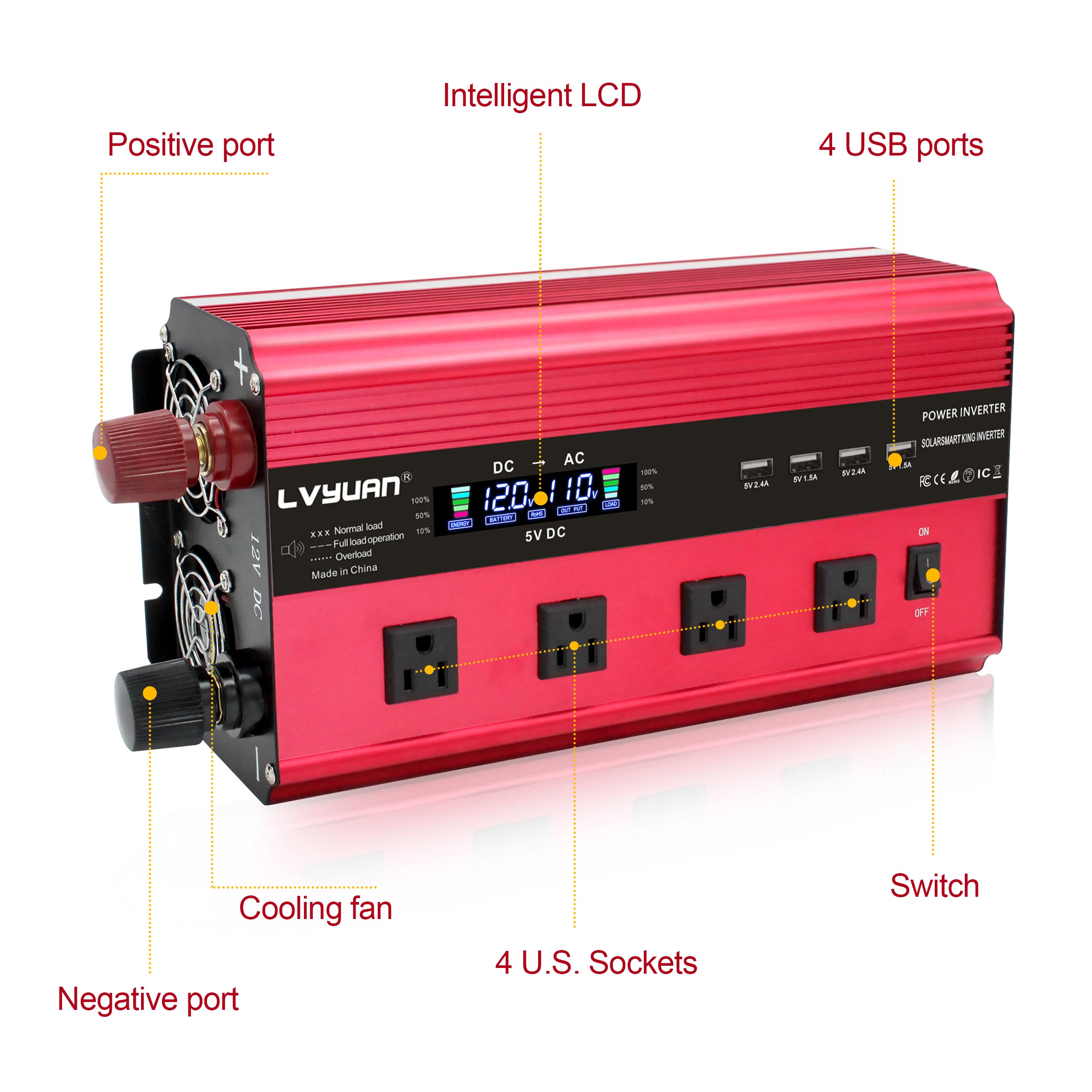 LVYUAN 3000W 6000W Modified Sine Wave Power Inverter DC 12V to AC 110V Car Converter with LCD Display & Remote Control 4AC 4USB  for Home/ Camping/ Outdoors/ RV/ Car Use