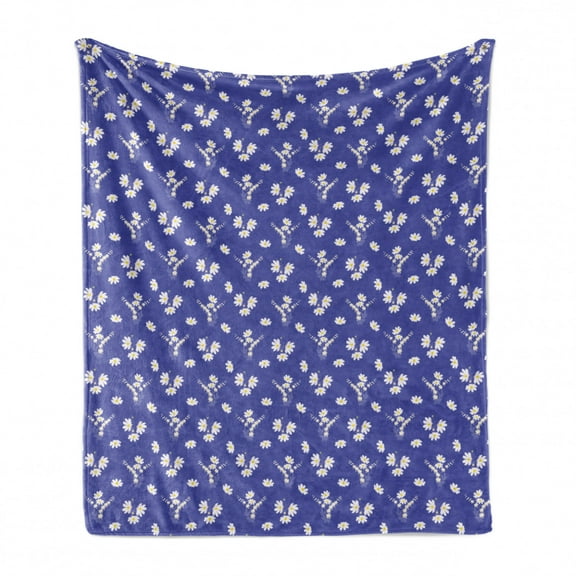 Floral Soft Flannel Fleece Throw Blanket, Simplistic Daisy Flowers Blossoms Rhythmic Illustration, Cozy Plush for Indoor and Outdoor Use, 50" x 70", Mustard Ceil Blue, by Ambesonne
