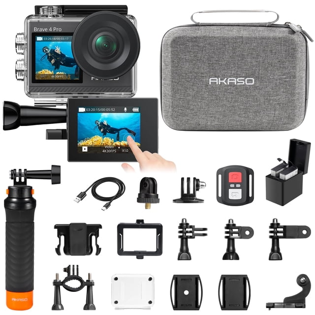 Akaso Brave 4 Pro Cámara De Acción Con Agarre Flotante Impermeable – 4K30 20Mp Ultra Hd Eis 131 Pies Cámara Subacuática 5Xzoom Pantalla Táctil Wifi Control Remoto Con Bolsa De Transporte Para Casco Ki