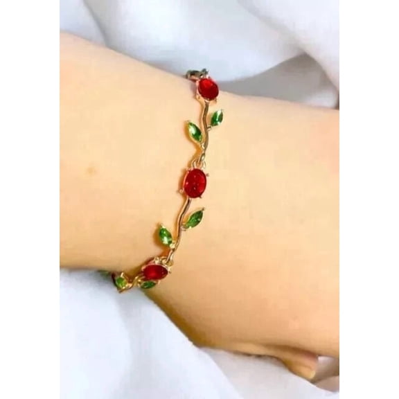 7Ct Oval Cut Lab-Created Red Ruby Emerald Beautiful Women's Bracelet 14K Yellow Gold Plated Silver 7"