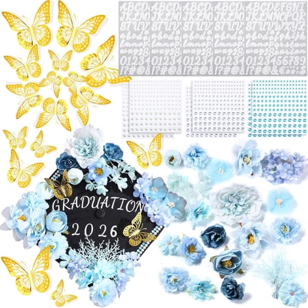 DIY Graduation Cap Decorations Kit Included Faux Flowers 3D Butterfly Self Adhesive Rhinestones Glitter Alphabet Letter Stickers for 2026 Grad Cap Topper Party Gifts Decor(Blue)