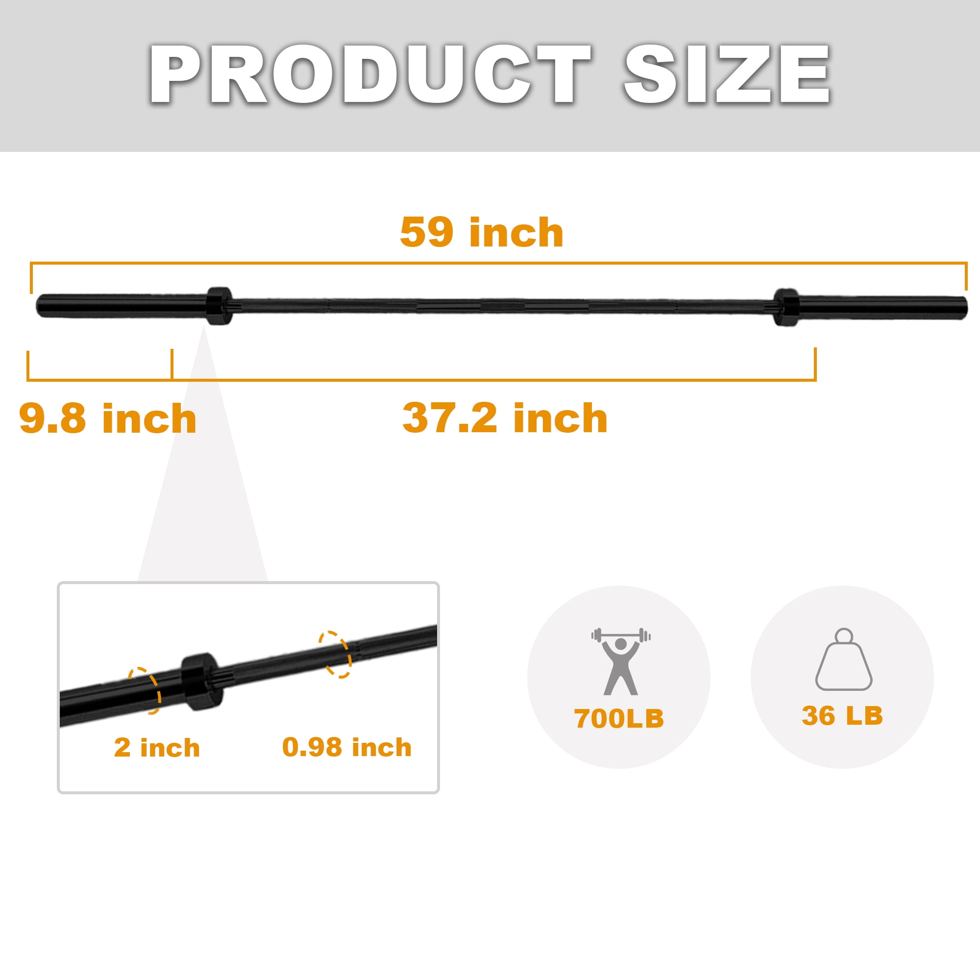 FlexWave Straight Olympic Barbell, Alloy Steel, 2-Inch Diameter, Black Finish, 5FT