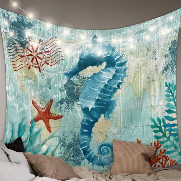 Sea Seahorse Coastal Tapestry for Bedroom Wall Hanging Tapestry,Turquoise Nautical Summer Coral Vintage Ceiling Backdrop Tapestries Poster Blanket Wall Decor for Teens Room Living Room Dorm 59" x 79"
