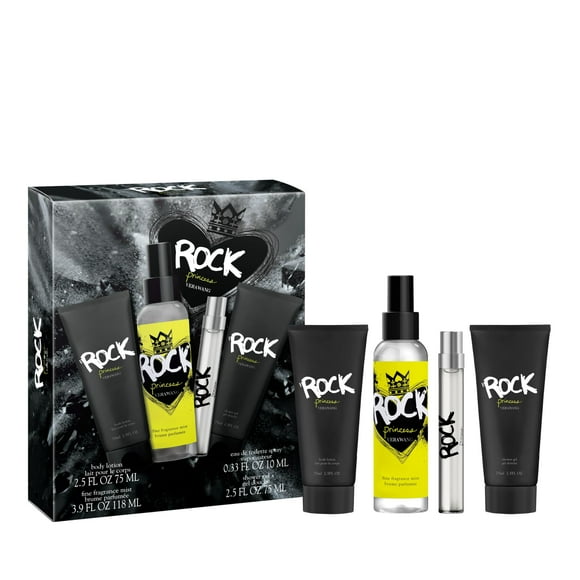 Vera Wang Rock Princess Fruity Floral Eau de Toilette Ensemble Cadeau 4 Pcs, Notes de Nénuphar, Fleur Tahitienne et Vanille, Parfum pour Femmes, Longue Durée, Parfum Quotidien