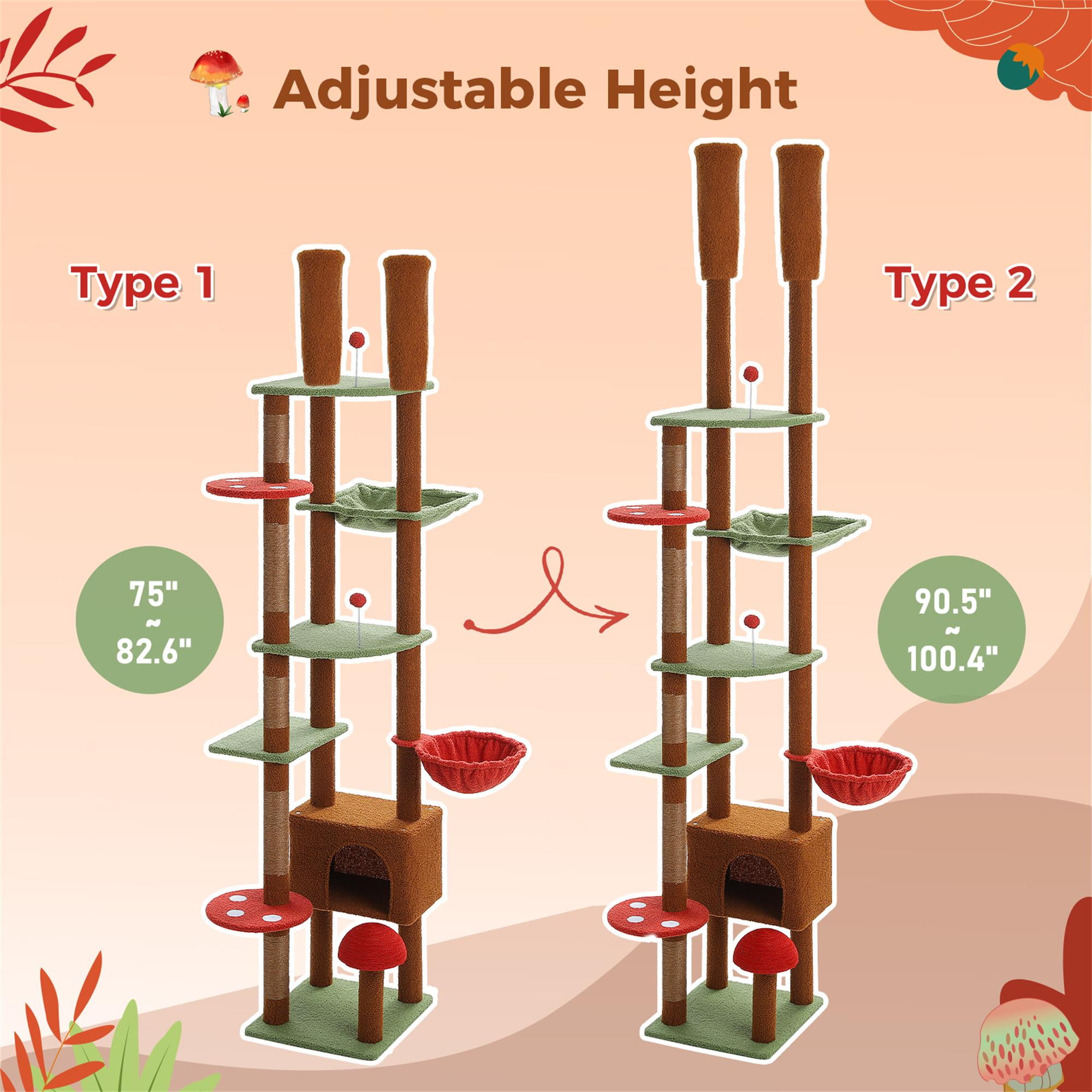 Kadyn Floor to Ceiling Tall Cat Tree Tower Adjustable (90.5"-100.4") with Cat Condo, Cat Hammock and Scratching Post, Cat Climbing Tree for Indoor Large Cats, Brown