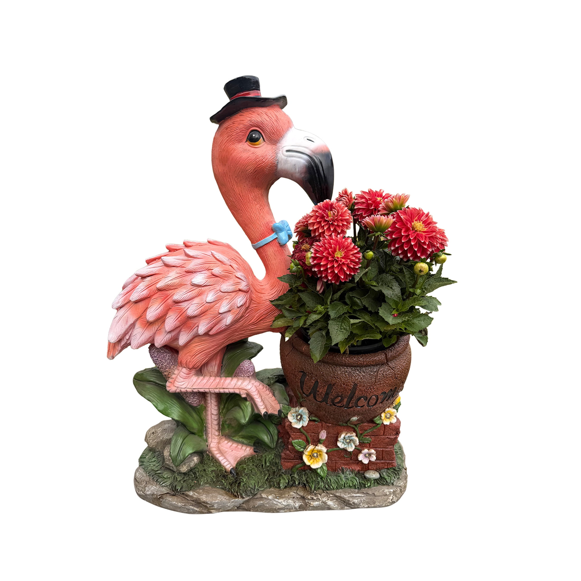 Noble House Black Hat Flamingo Garden Planter Pot, Whimsical Resin Figurine Flower Pot for Outdoor Porch and Yard Decor, Multicolor