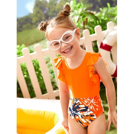 

Toddler Girls Random Tropical Print Ruffle Trim One Piece Swimsuit Swimwear Beachwear S221905X Multicolor 5Y(43IN)