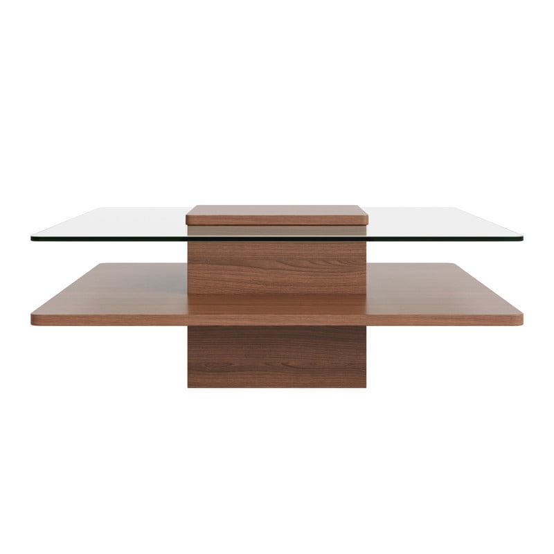 31.5''W Square Cocktail Coffee Table with Clear Tempered Glass Top, 2-Tier Accent Center Table with Open Storage Shelf