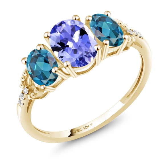 Gem Stone King 10K Yellow Gold Oval Blue Tanzanite London Blue Topaz and Diamond 3-Stone Women Engagement Ring (1.97 Cttw, Gemstone Birthstone, Size 8)