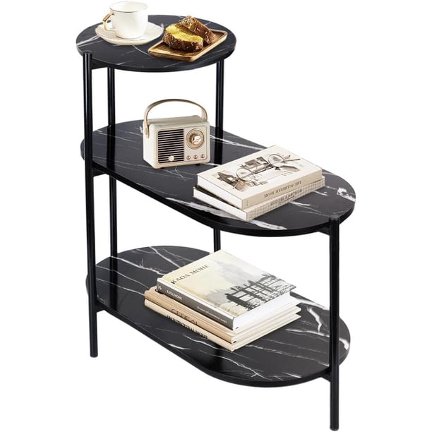 de Auxiliar Lateral 3 Niveles, Mesita de Mármol Patrón para Sala de Estar, Dormitorio,Sofá, Mesa Auxiliar Lateral con Estructura de Metal, Mesa de Café Moderna, Color Negro (Negro)