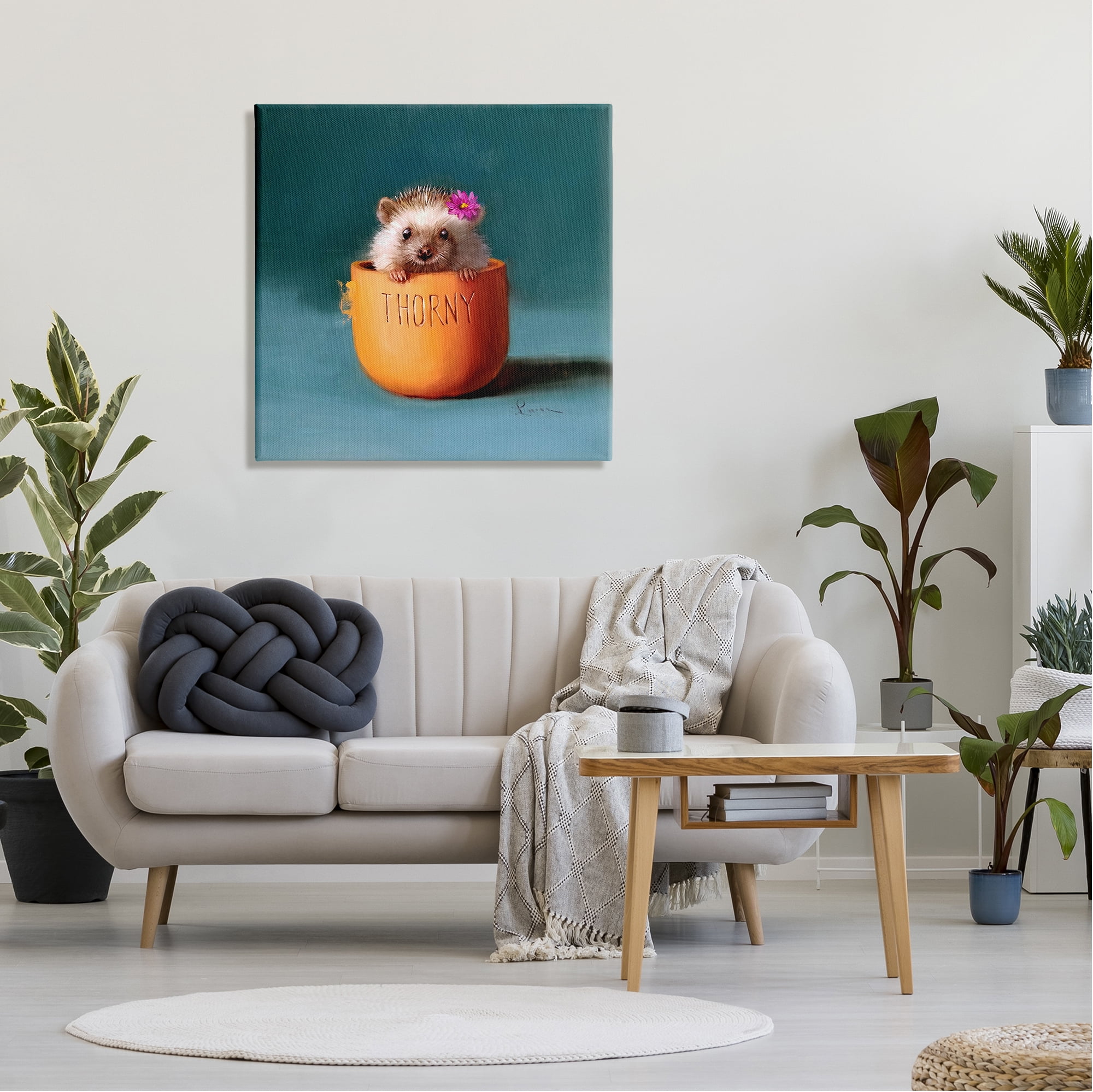 Stupell Industries Thorny Hedgehog Peeking Pink Daisy Flower Accent Painting Gallery Wrapped Canvas Print Wall Art, Design by Lucia Heffernan