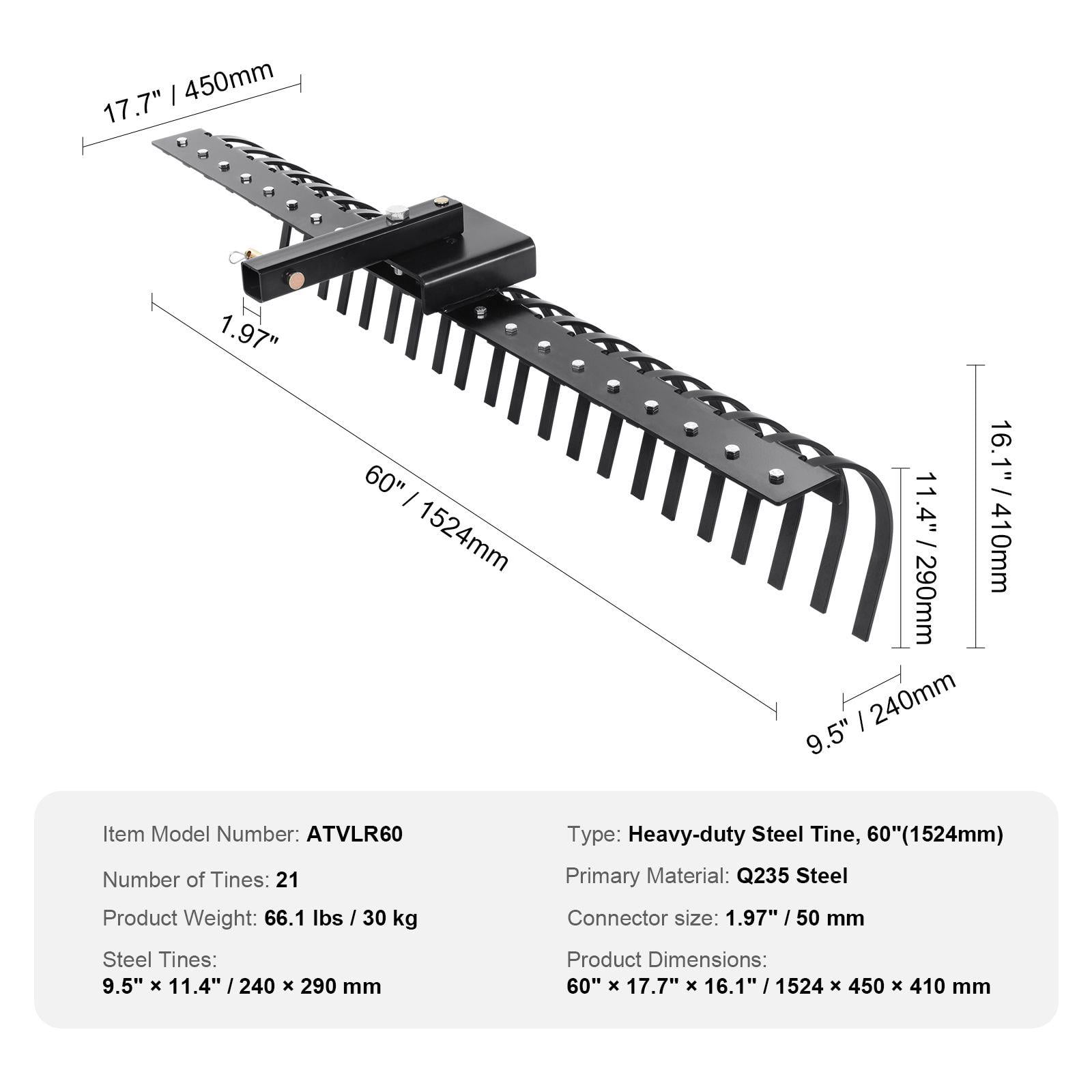 60 Inch Tow Behind Landscape Dethatcher Rake with 21 Steel Coil Tines for 48 or 60 Inch Toolbars and 3 Point Hitch Systems