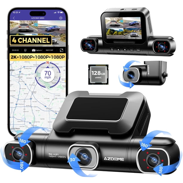Dash Cam AZDOME M660 360°, 4 canales, 2,5 K+1080P*3 con 128 GB