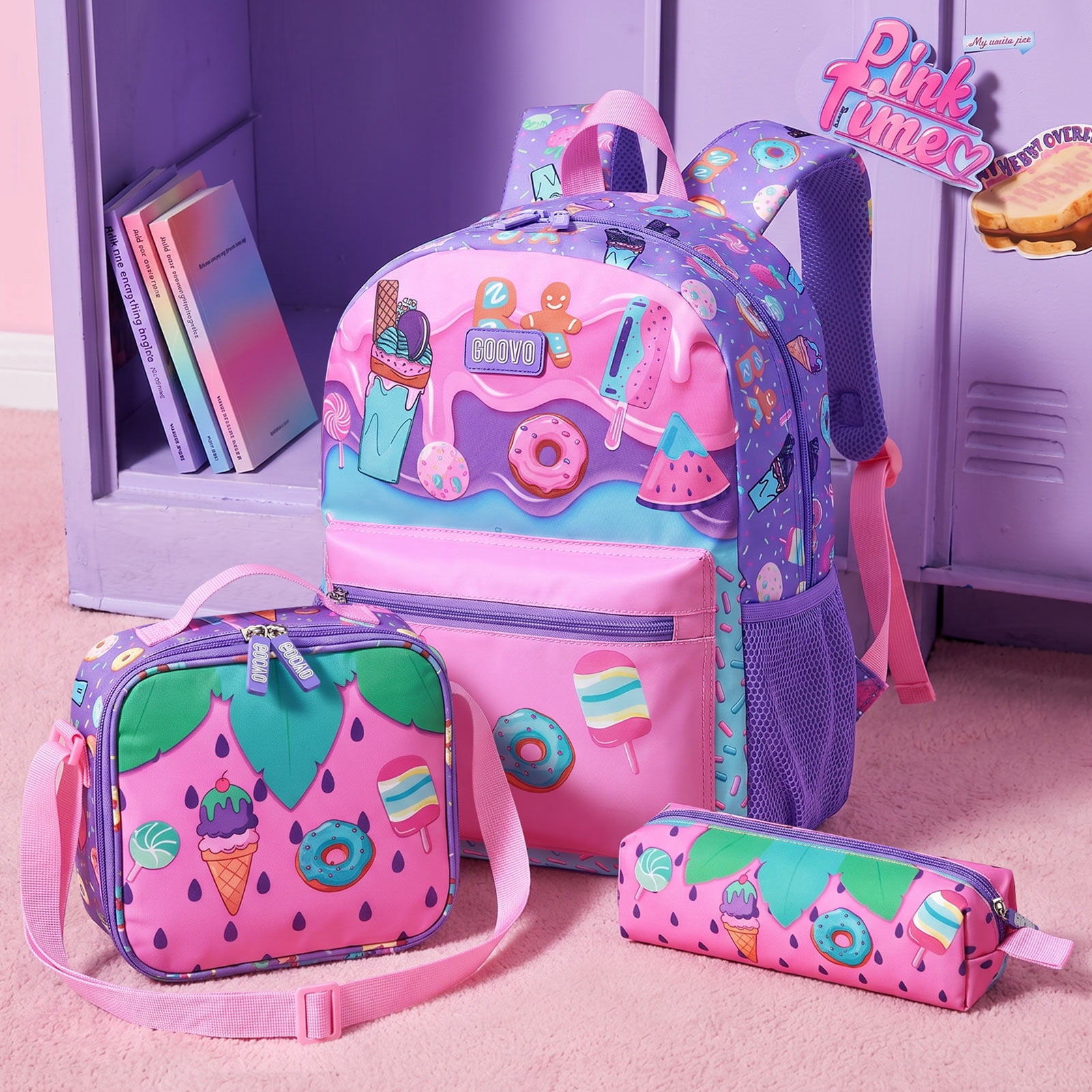 Gocvo Kids Backpack for Girls, Waterproof Teens Bookbag Cute School Backpacks, Students Bookbag Set with Lunch Box(Donut)
