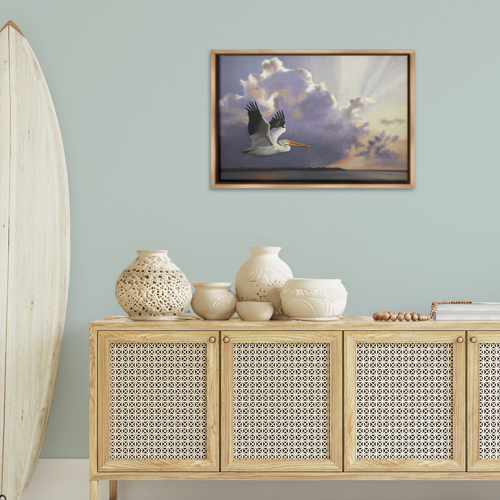 Stupell Industries Dawn Sunrise Pelican Landscape Painting Brown Floater Framed Canvas Art Print Wall Art, 31 x 21