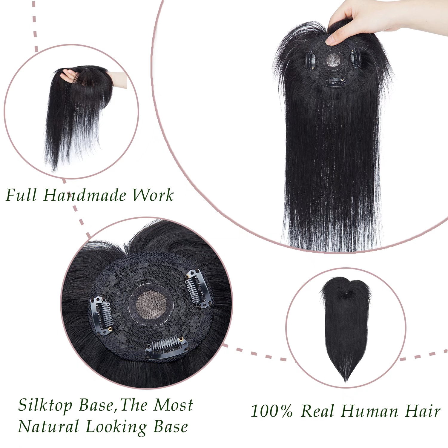MY-LADY Hair Toppers for Women Real Human Hair with Bangs 3 Clip In Remy Topper Hairpiece for Thin Hair Natural Looking Hair Extensions 14inch #01 Jet Black