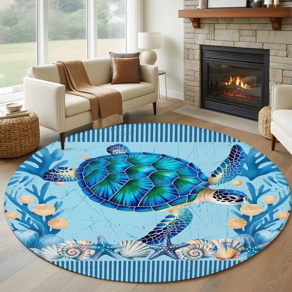Coastal Turtle Round Area Rug 7Ft Washable Circle Rugs for Dorm Laundry Room, Nautical Coral Starfish Conch Seashells Non-Slip Carpet Floor Mats Indoor Outdoor Carpet Runner Aesthetic Home Decor