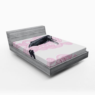 Ambesonne Animal Fitted Sheet, Striped Dreamy Whale, Full Size, Pink Black and White