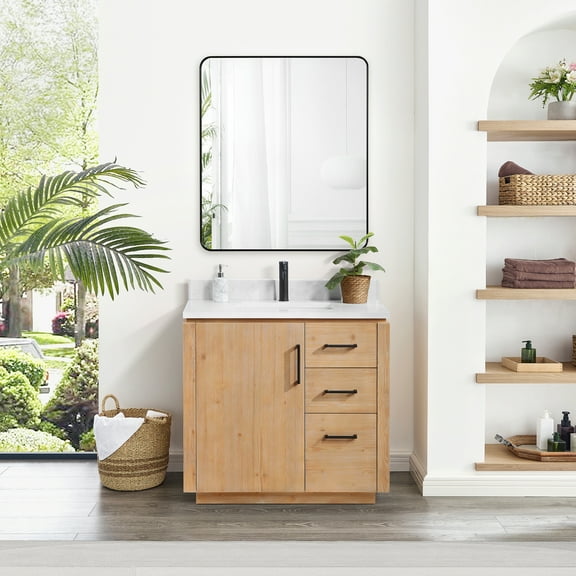 Vinnova San 36" Single Sink Wood Bath Vanity with Grain Stone in Brown/White