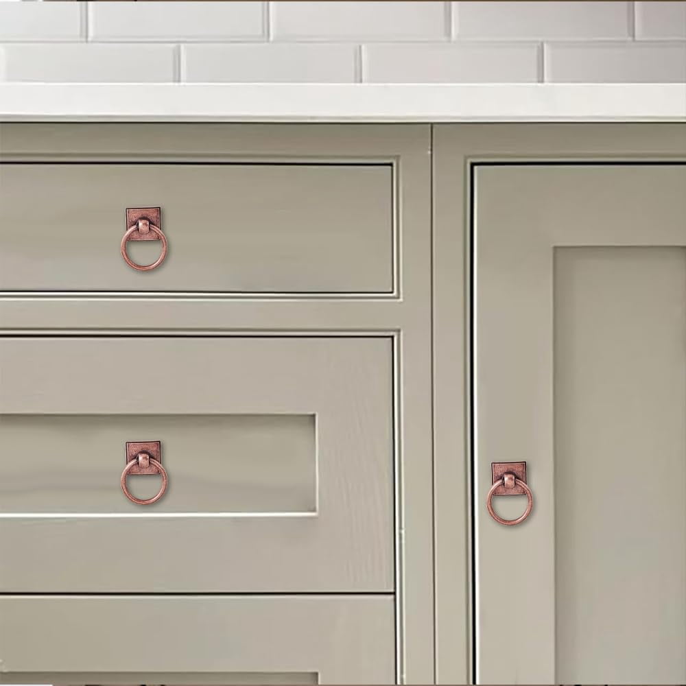 2-Pack 1.9 Inch Ring Cabinet Knobs - Vintage Antique Brass Backplate for Drawer knobs for Dresser, Kitchen Cabinets - Durable Zinc Alloy Hardware.